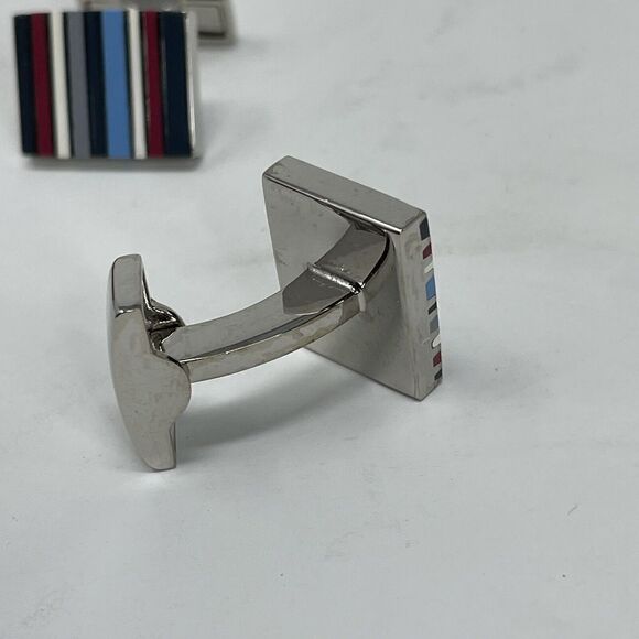 TR Cufflinks Mens Silvertone Stripe Blue Gray Red White Square In-Box - Picture 4 of 8